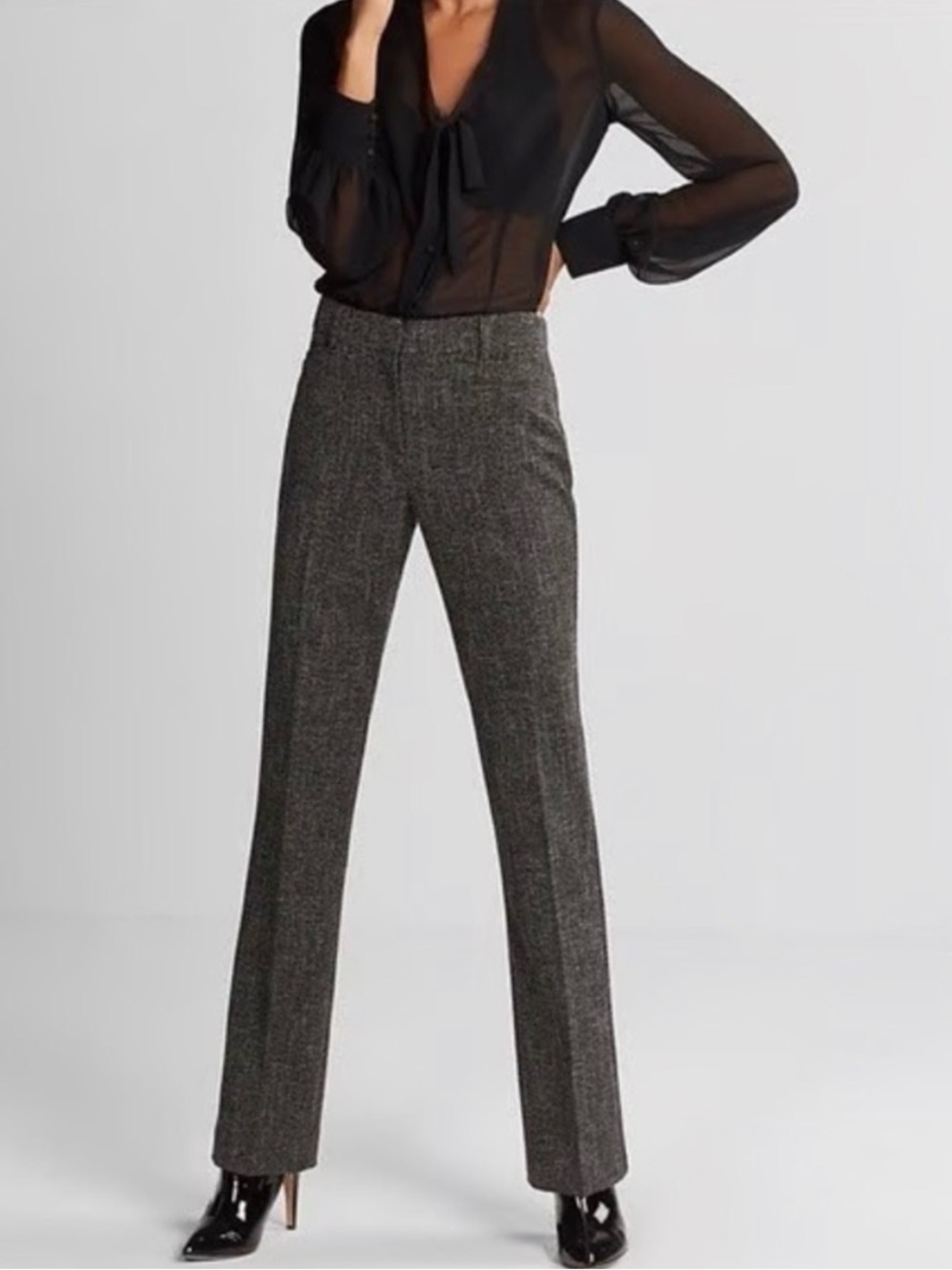 EXPRESS High-Waist Columnist Barely Boot Tweed Trousers in Charcoal, 0R